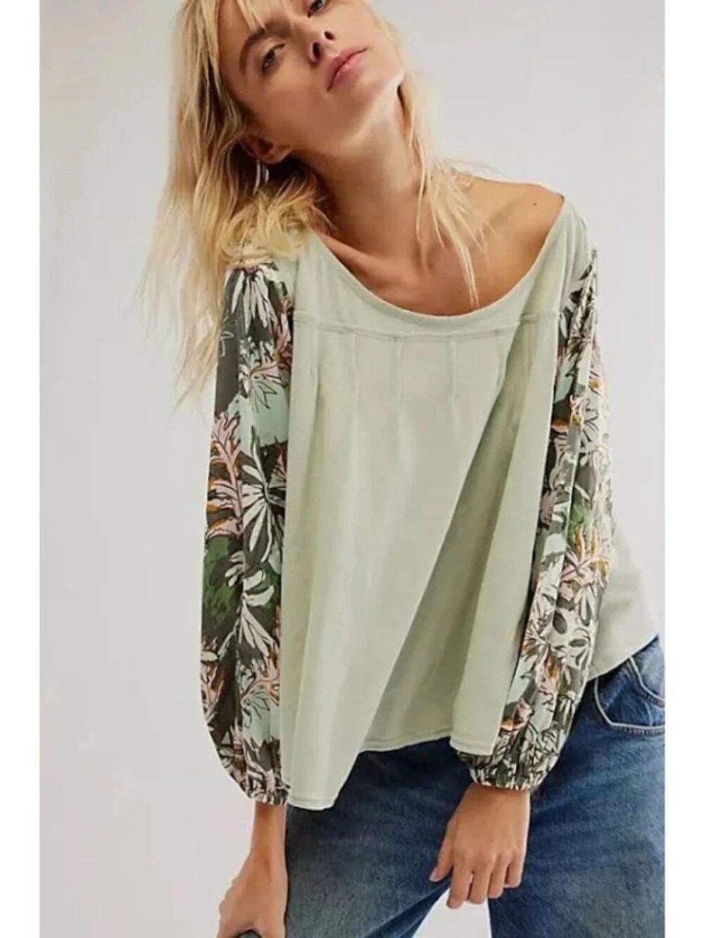 Free People Picking Petals Floral Sleeve Top in Sage Combo. Size M.